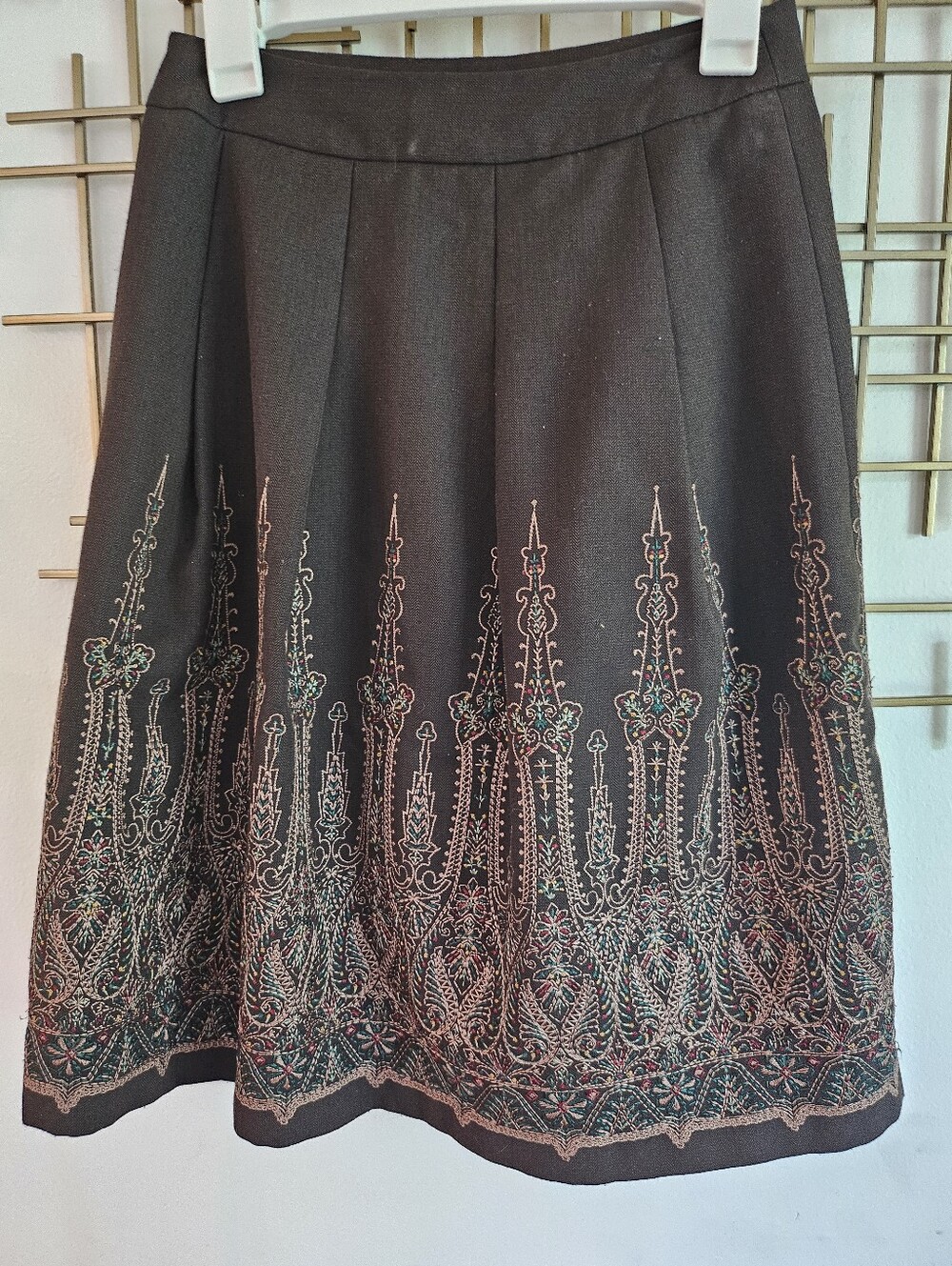 0P- LOFT- Dark Brown A-Line Skirt with Multicolor Embroidered Border